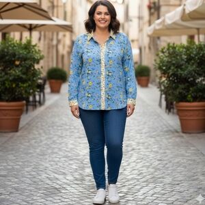 {C Wonder} Floral Print Blue Blouse with Yellow Accents - Size 18W